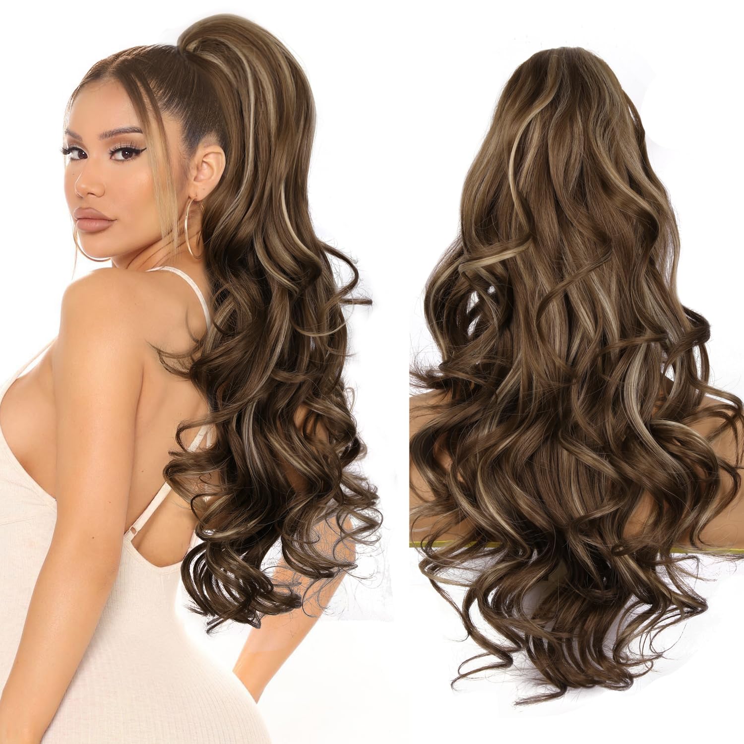 Photo 1 of 24 Inch Ponytail Extension, Layered Ponytail Extensions for Women, Soft Wavy Claw Clip in Ponytail Extension, Natural Synthetic Hair Pieces for Women (Color: Ash Brown with Beige Blonde Highlights)
