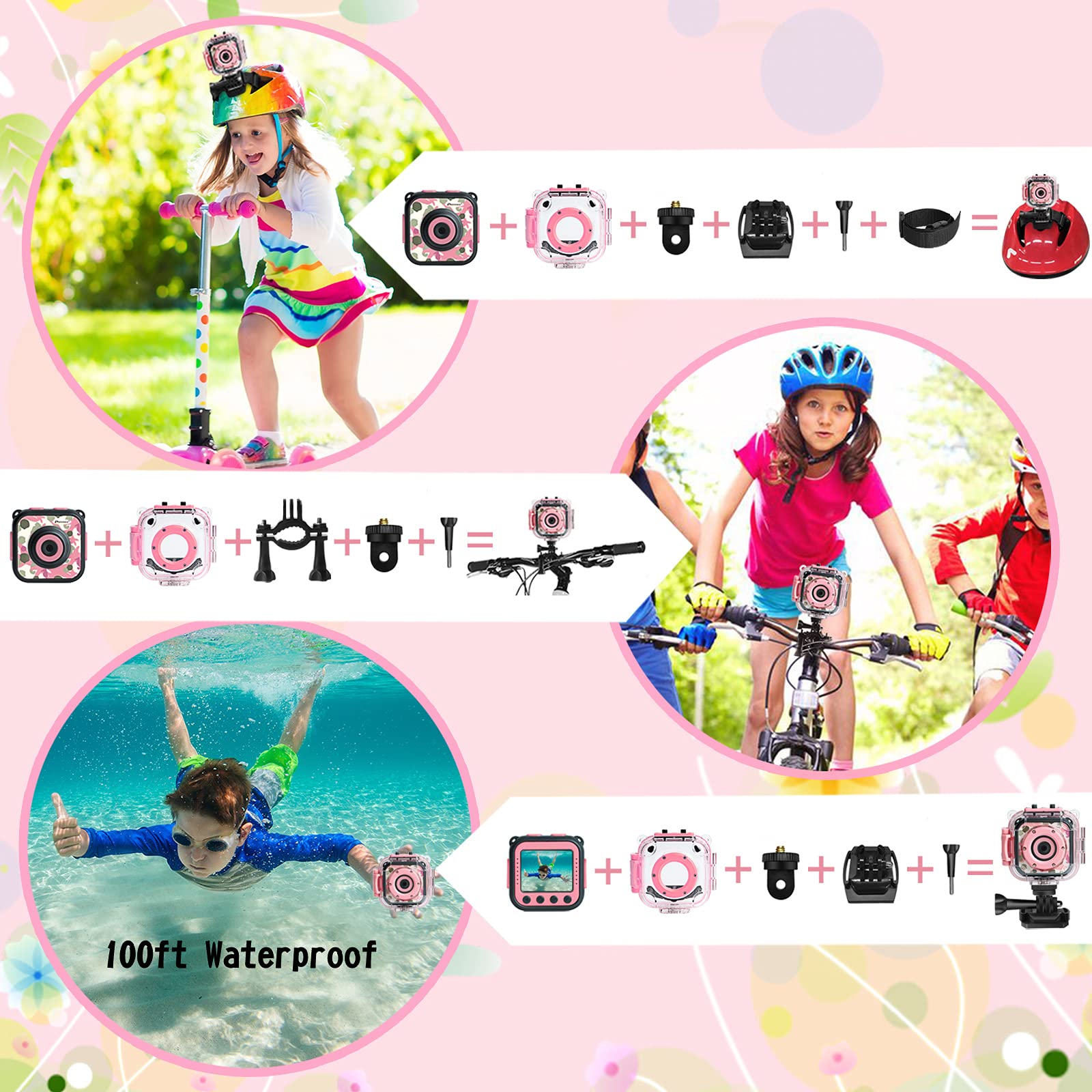 PROGRACE Kids Camera Waterproof- Children Digital Video Cameras Underwater Camera Chrismas Birthday Gift Toy for Kids 1080P DV Toddler Cameras for Girls Pool Toys Age 3-12