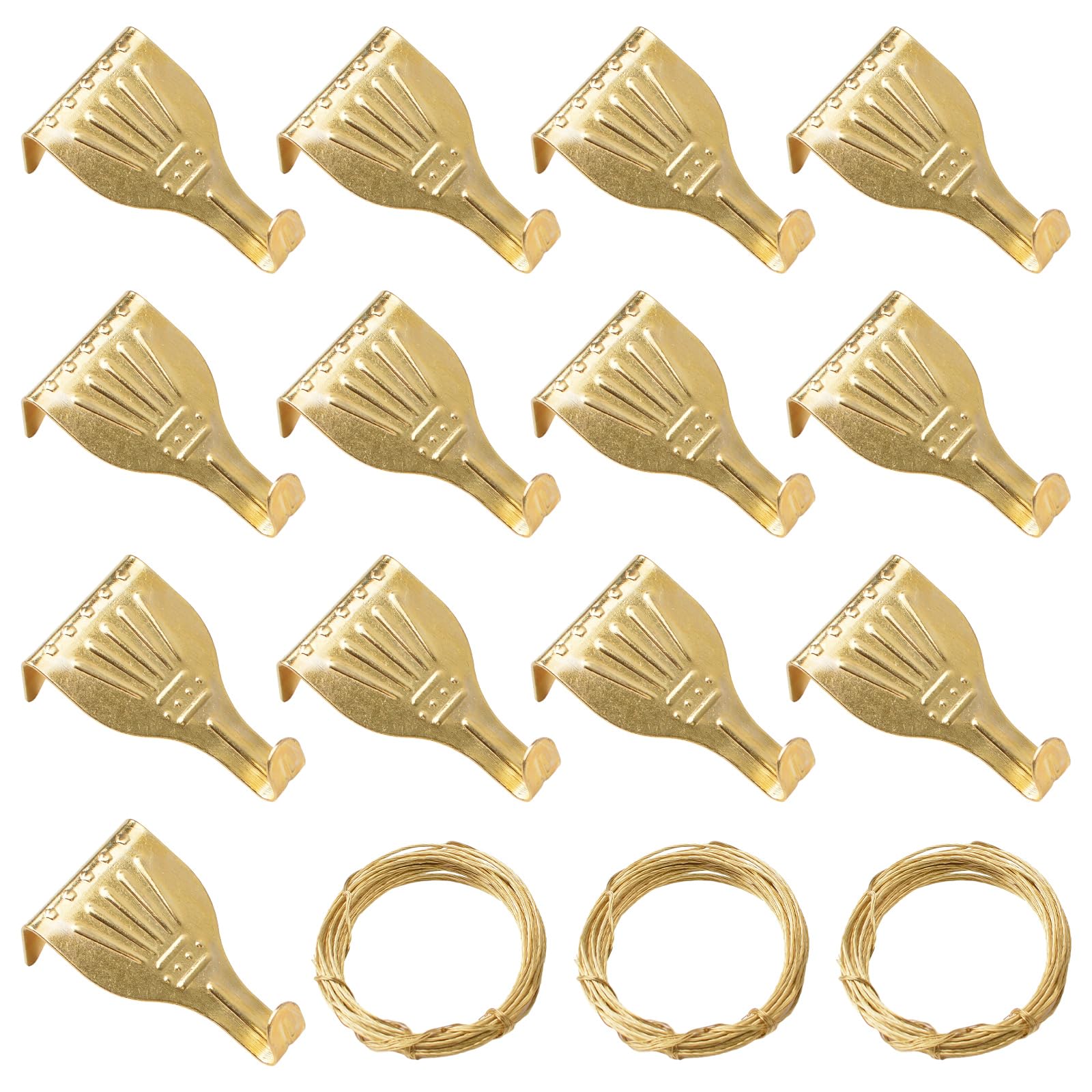 UFURMATE Picture Hanging Kit, 13Pcs Picture Rail Hooks with 3 Rolls 3M Picture Wires, Brass Plated Picture Rail Hanging Hooks Picture Display Hanging System Accessories for Wall Picture, Exhibition