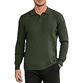 Hardaddy Men's Ribbed Knit Sweater Casual Long Sleeve Polo Sweater Collared V Neck Polo Shirts Solid Pullover Tops