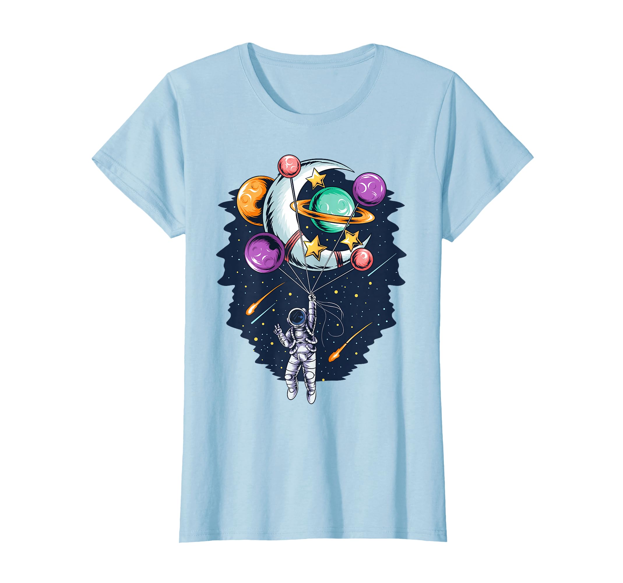 Space Astronaut Flying Holding Planet and Moon Balloons T-Shirt