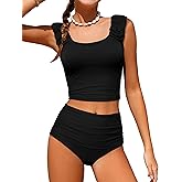 Doumlop Girls Tankini Swimsuit 2 Piece Bathing Suit Twist Cross Back Cutout Swim Tank Top Floral Print Swimwear for 9-16Y