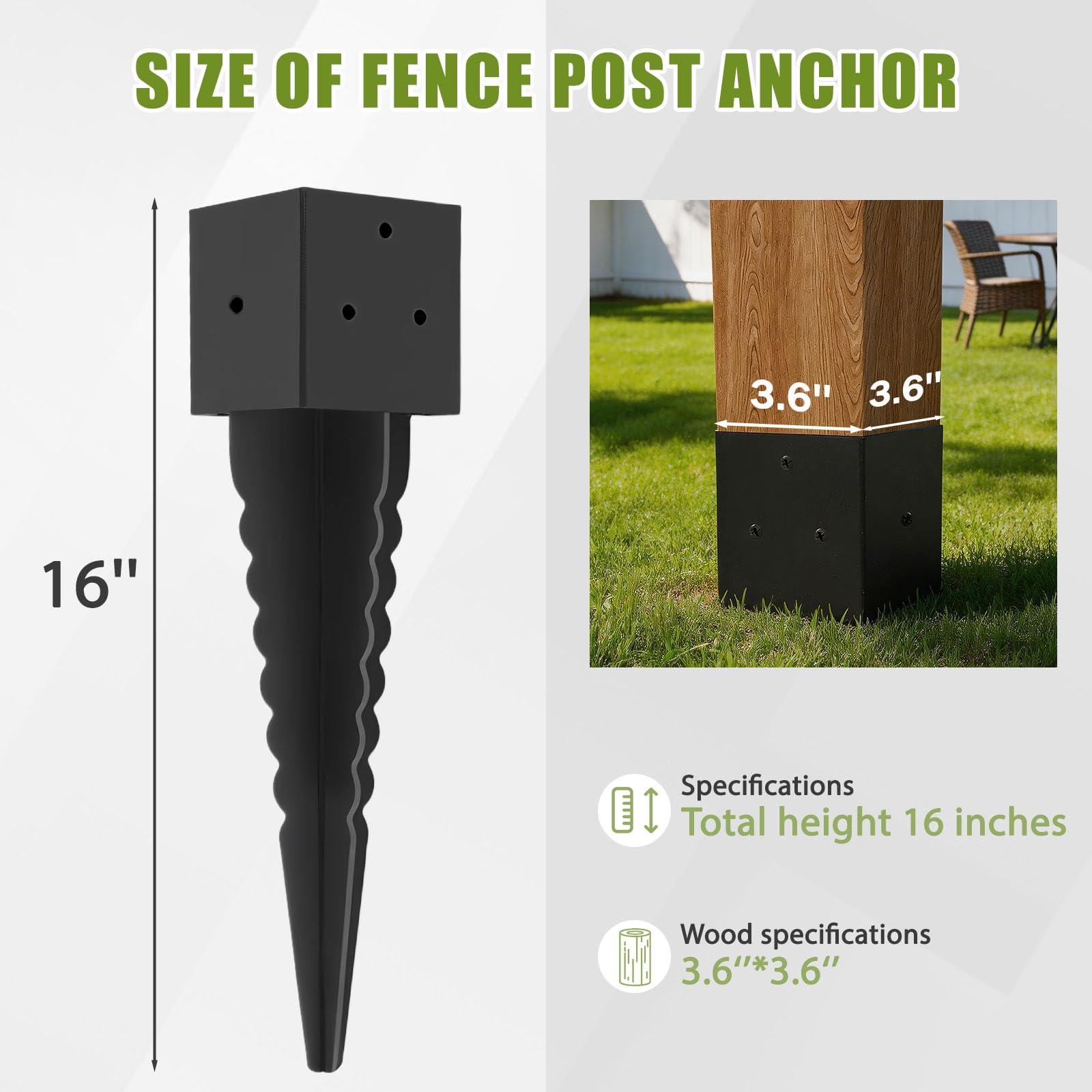 Condition photo showing New/Like New for 1 pcs 16" 4x4 fence post anchor ground spike (actual:3.6"x3.6"), 4x4 post spike black,mailbox post a