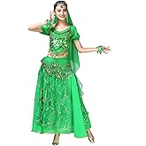ORIDOOR Women Belly Dance Dress Indian Bollywood Halloween Costume Chiffon Skirts Shiny Belly Dance Suits 5-Piece Outfit