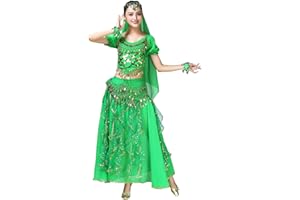 ORIDOOR Women Belly Dance Dress Indian Bollywood Halloween Costume Chiffon Skirts Shiny Belly Dance Suits 5-Piece Outfit