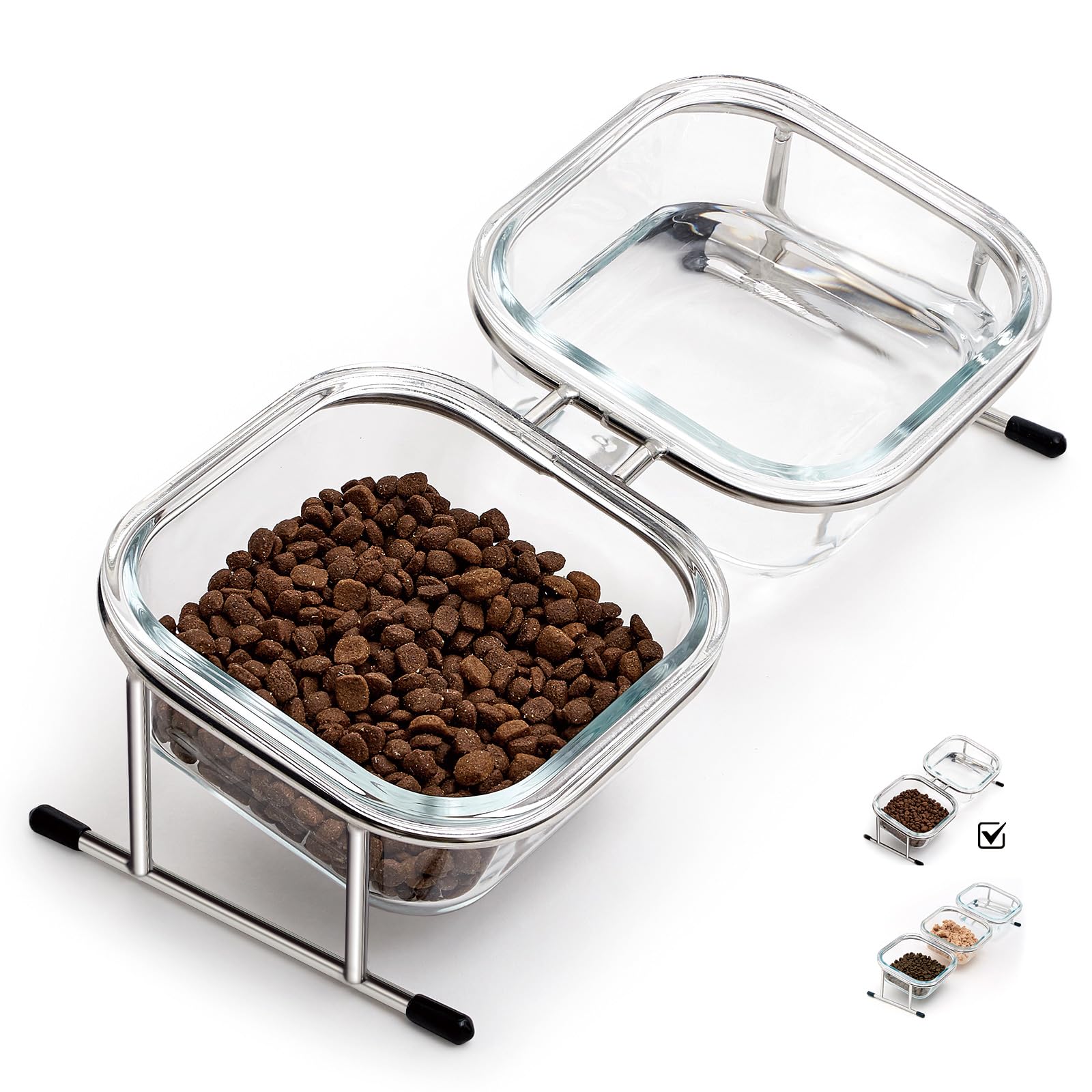 Photo 1 of Hannadepot Elevated Cat Bowls, 15° Tilted Glass Raised Cat Food Bowl with Stainless Steel Stand, 2 Large Capacity Glass Cat Bowls and 4 Anti Slip Feet, Suitable for Cats and Little Dogs