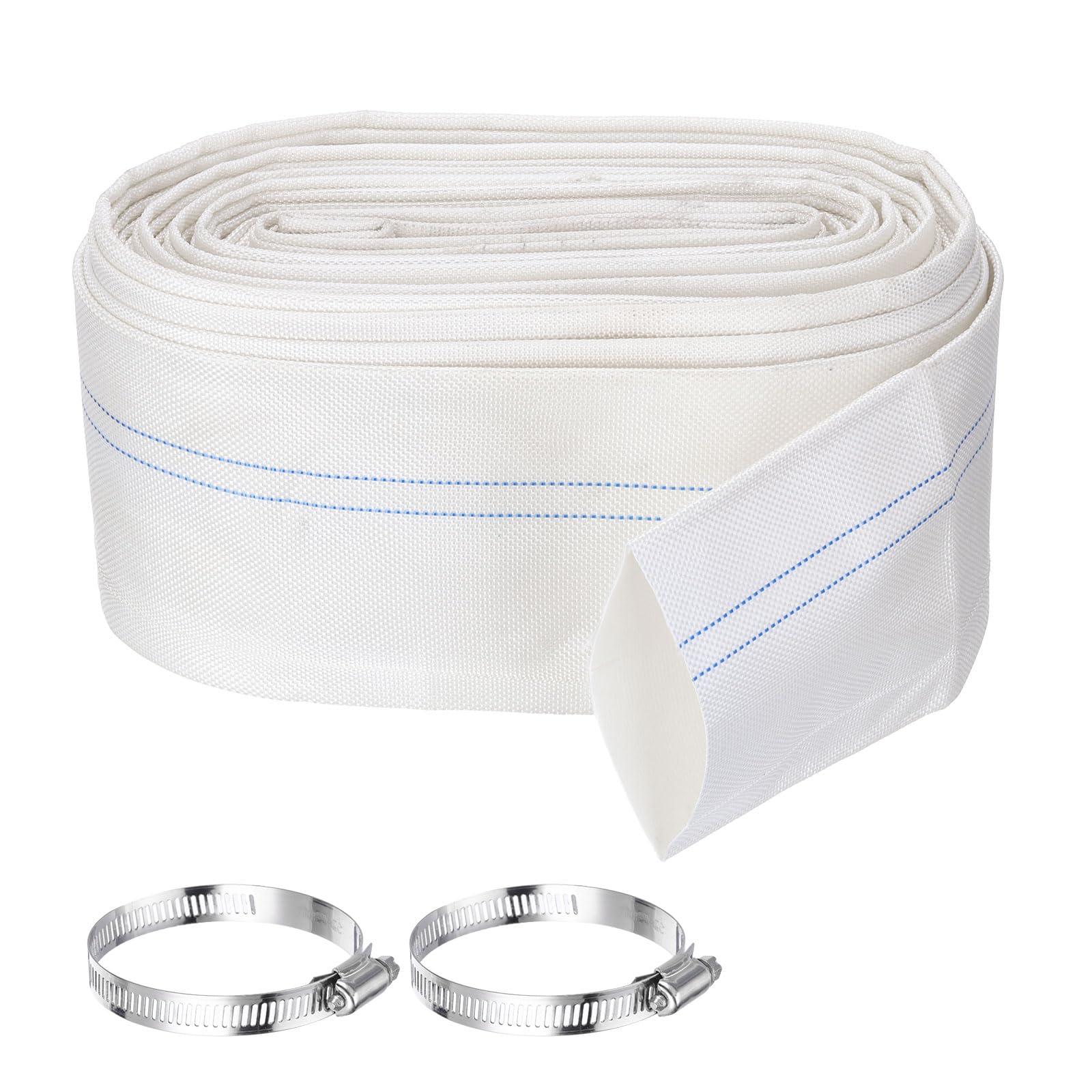 Rebower Pool Backwash Hose, 3 Inch x 62ft Reinforced Drain Hose PVC Lay Flat Water Discharge Pump Hoses for Pool Filter Swimming Pump, with 2pcs Clamps, White