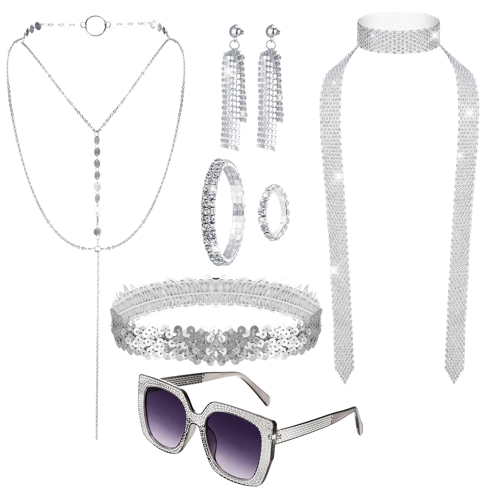 Invalidism 8 Pcs 70s Abba Accessories Set,1970s Abba Costume Set with Sequin Headband Long Scarf Necklace Bracelet Earrings Ring Sunglasses for Disco Theme Party Hippie Costume