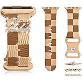 Silicone Strap for Apple Watch Band 41mm 40mm 38mm, Stylish Checkerboard Bracelet with Rose Gold Bling Charm for iWatch Series 10(42mm) 9 8 7 6 5 4 3 SE, Designer Sport Wristband for Apple Watch Bands