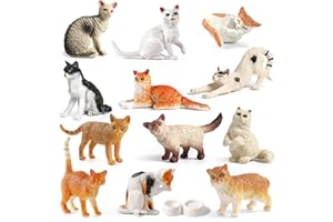 Mini Tudou 12PCS Cat Figurines Set, Realistic Cat Figure Toy Set with Food Bowl,Educational Kitten Toys,Multicolor Cat Animal Figurines Toys Cake Topper Christmas Birthday Gift for Kids Boys Girls