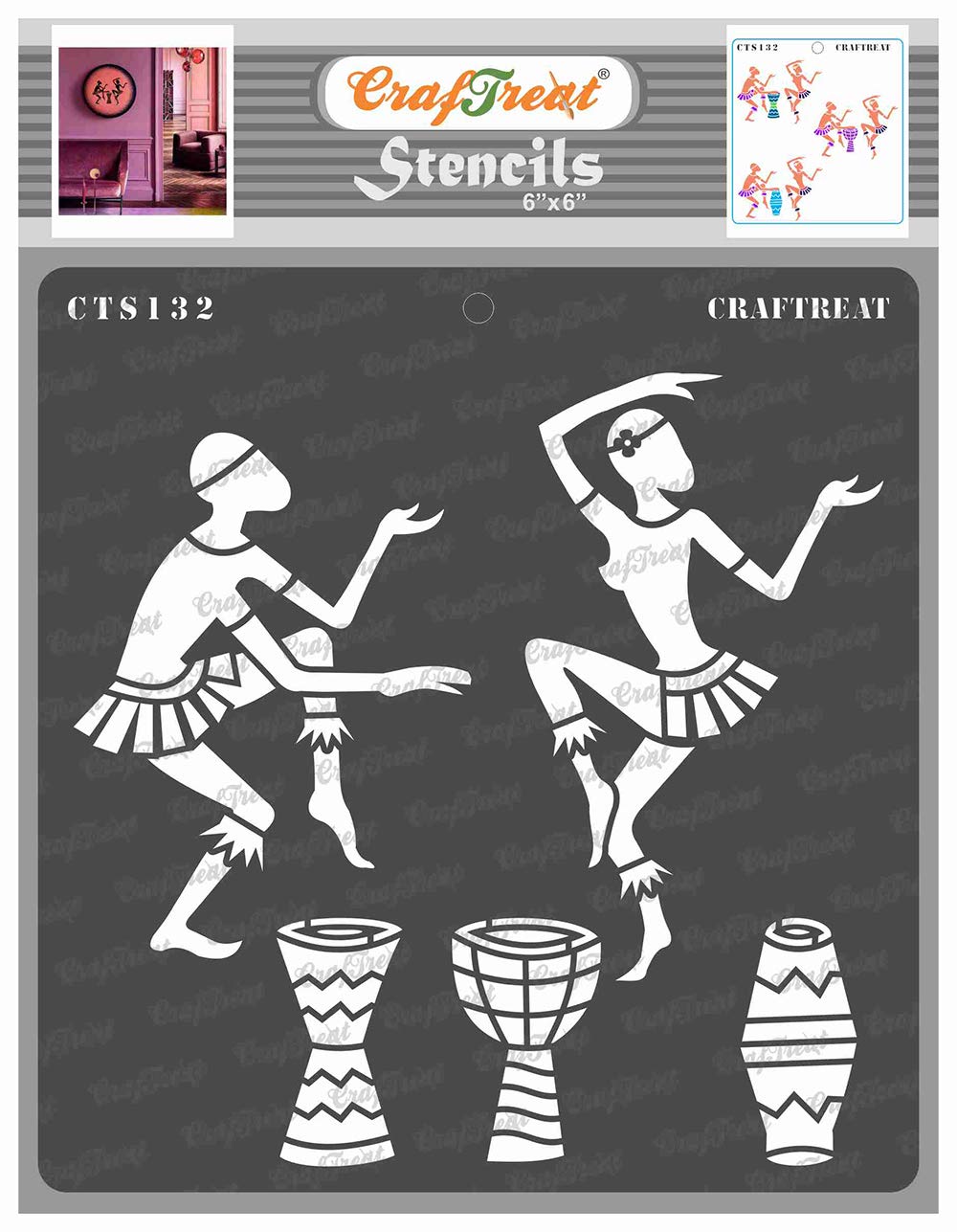 CrafTreat Reusable Tribal Stencils for Painting on Wood, Wall, Tile, Canvas, Paper, Fabric and Floor - Dance to The Beat - 6x6 Inch - DIY Art and Craft Stencils - Tribal Pattern Stencil