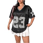 BEAUDRM Women's Plus Size Number Leopard Jersey Shirts Oversized Y2k Mesh Half Sleeve V Neck Sports Tee Tops