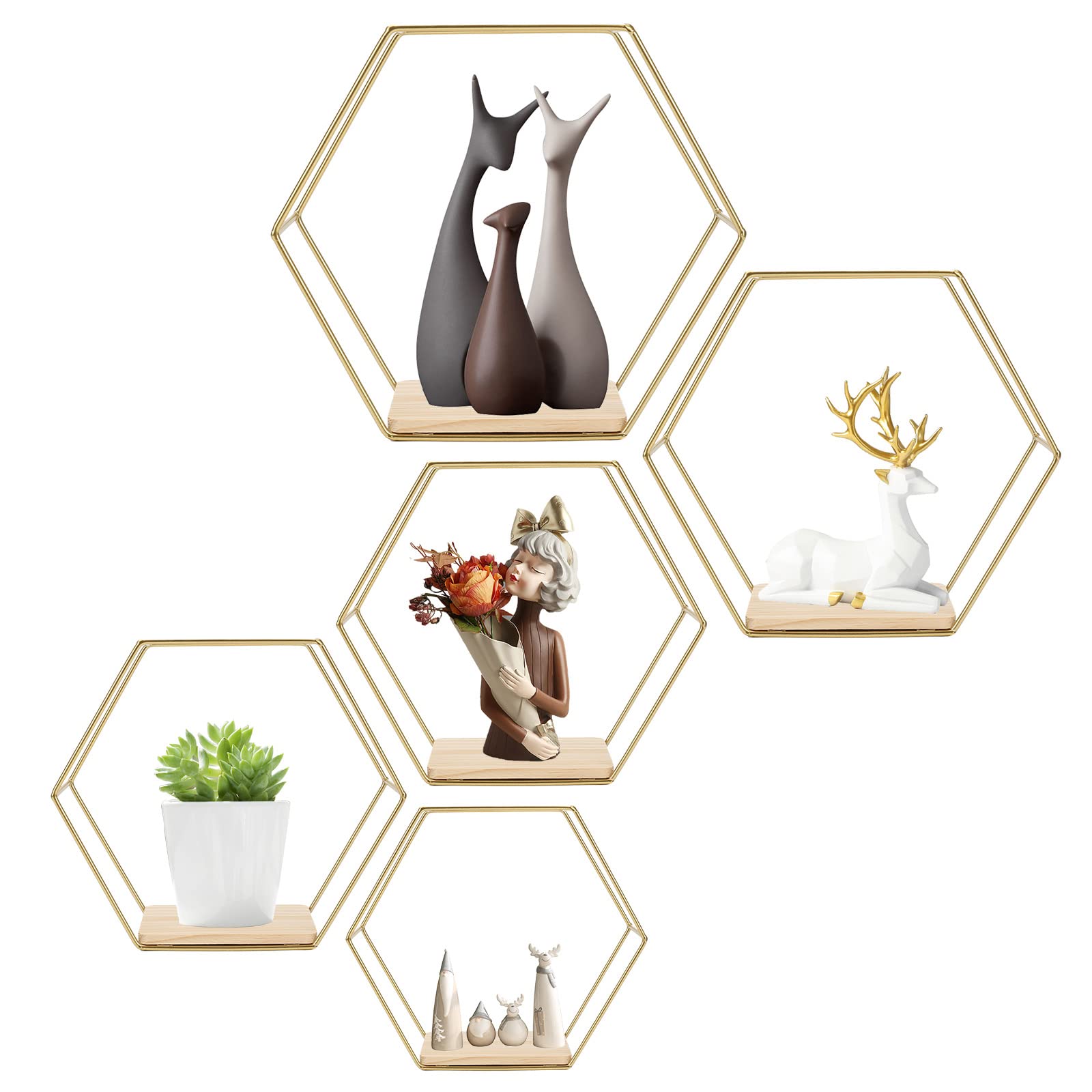 LMYDIDO Set of 5 Hexagon Wall Shelves, Hanging Shelves, Metal and Wood Floating Shelves, Wall Storage Organiser for Kitchen Shelf, Bathroom, Bedroom, Wall Decoration (Gold-5pcs)