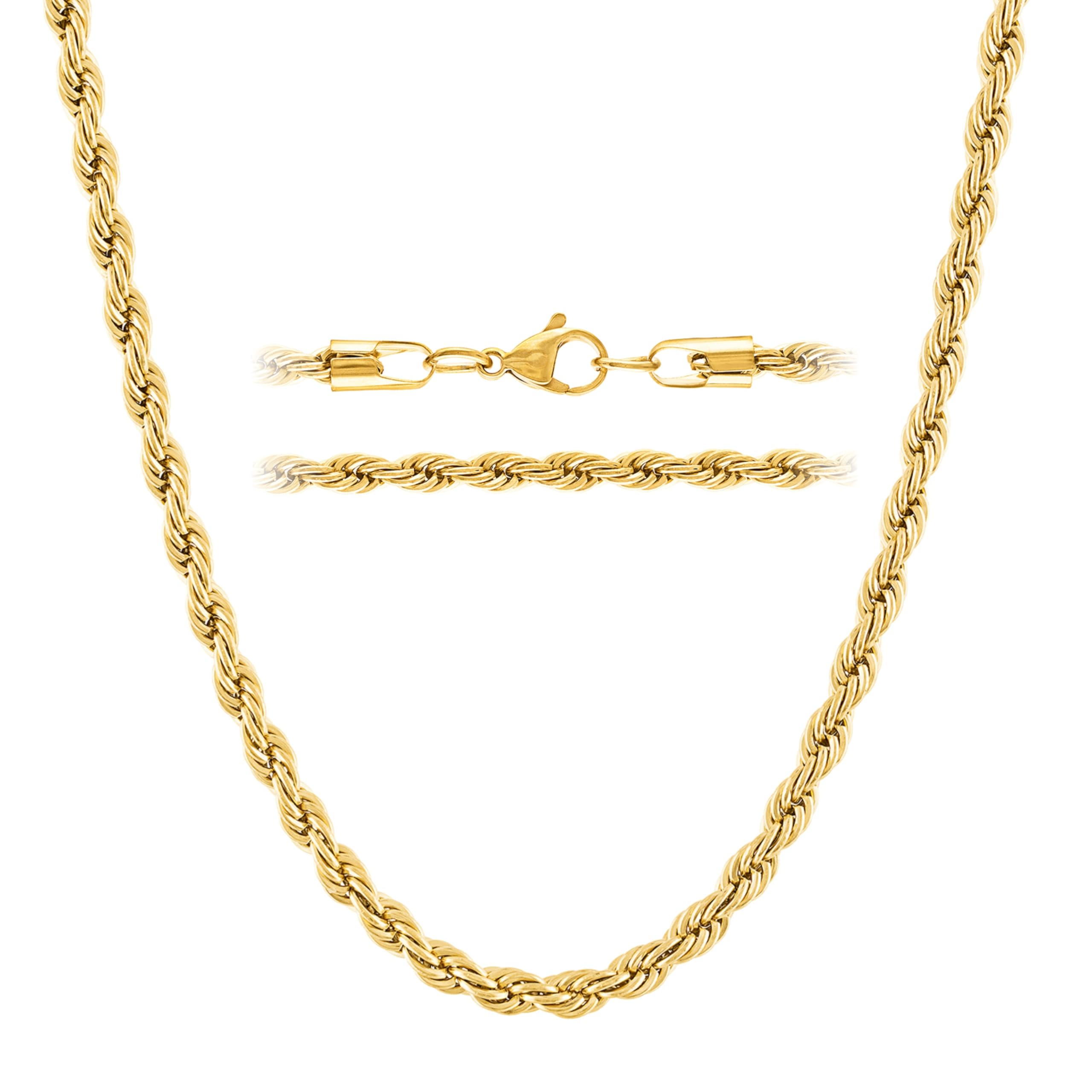 KISPER 18k Gold Hip Hop Braided Rope Chain Necklace – 5mm Gold Plated Solid Stainless Steel Durable Jewelry for Women & Men with Lobster Clasp, 30"