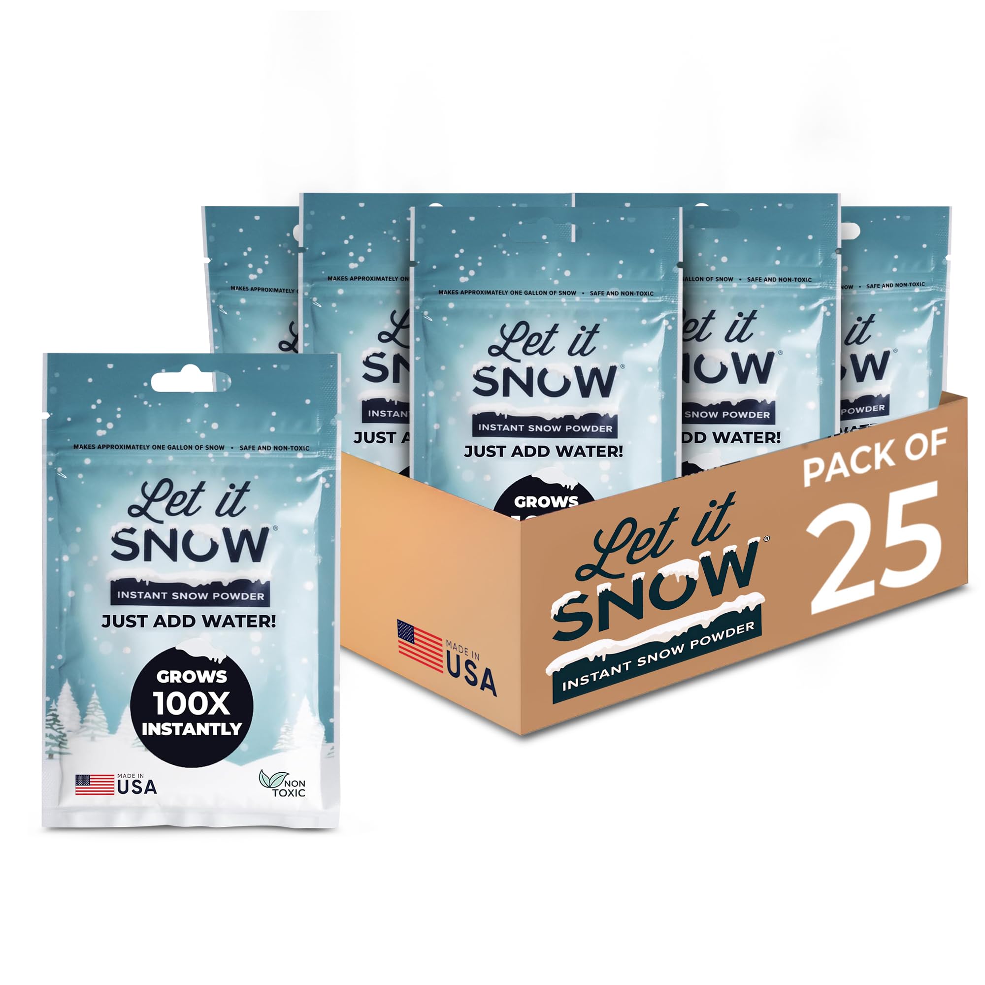 Let it Snow Instant Fake Snow Powder - Made in the USA, Safe & Easy to Use Artificial Snow for Slime, Holiday Decorations, Photography & Sensory Play, 25 Packs, Makes 25 Gallons