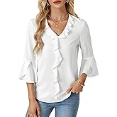 LYANER Women's Summer Ruffle Blouse V Neck 3/4 Sleeve Ladies Dressy Casual Victorian Shirt Tops White X-Large
