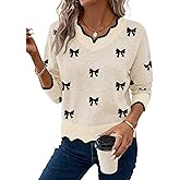 Womens V Neck Pullover Sweaters Long Sleeve Scallop Trim Knit Tops Loosed Fit 2025 Fall Outfits