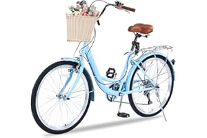 EVGTTI Women's Beach Cruiser Bike, 7-Speed Twist Shifters, 24" Wheels with Rattan Front Basket Adjustable Seat and Rear Rack Step-Through City Commuter Bike for Adults