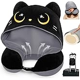 Mewaii Travel Neck Pillow with Hood for Airplanes,Memory Foam,Breathable Ice Silk & Soft Velvet,Double-Sided,Removable to Clean,Adjustable Strap,Portable Travel Pillow for Long Flights Adults & Teens