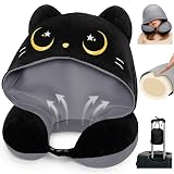 Mewaii Travel Neck Pillow with Hood for Airplanes,Memory Foam,Breathable Ice Silk & Soft Velvet,Double-Sided,Removable to Clean,Adjustable Strap,Portable Travel Pillow for Long Flights Adults & Teens