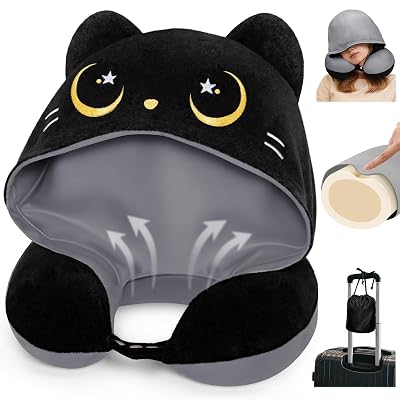 Mewaii Travel Neck Pillow with Hood for Airplanes,Memory Foam,Breathable Ice Silk & Soft Velvet,Double-Sided,Removable to Clean,Adjustable Strap,Portable Travel Pillow for Long Flights Adults & Teens