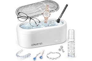 CHWARES Mini Ultrasonic Jewelry Cleaner, 46kHZ Portable Ultrasonic Cleaner with Jewelry Cleaning Solution for Denture, Eyeglass, Razors, Earrings, Pacifier, Small Cleaner Suit for Travel Use, 12 oz