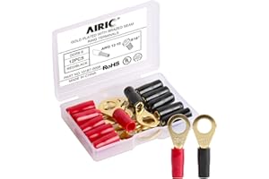AIRIC 12-10 AWG - 5/16" Stud (M8) Gold Plated Copper Ring Terminals Kit, 12 Pcs Crimp Battery Cable Lugs, Heavy Duty Wire Connector Ends, Electrical Wiring Battery Terminal Connectors with Soft Boots