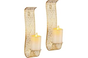 Gold Wall Candle Holder Sconces Set of Two - Walasis Scroll Metal Farmhouse Candle Sconce Wall Art Pillar Candles Holders for