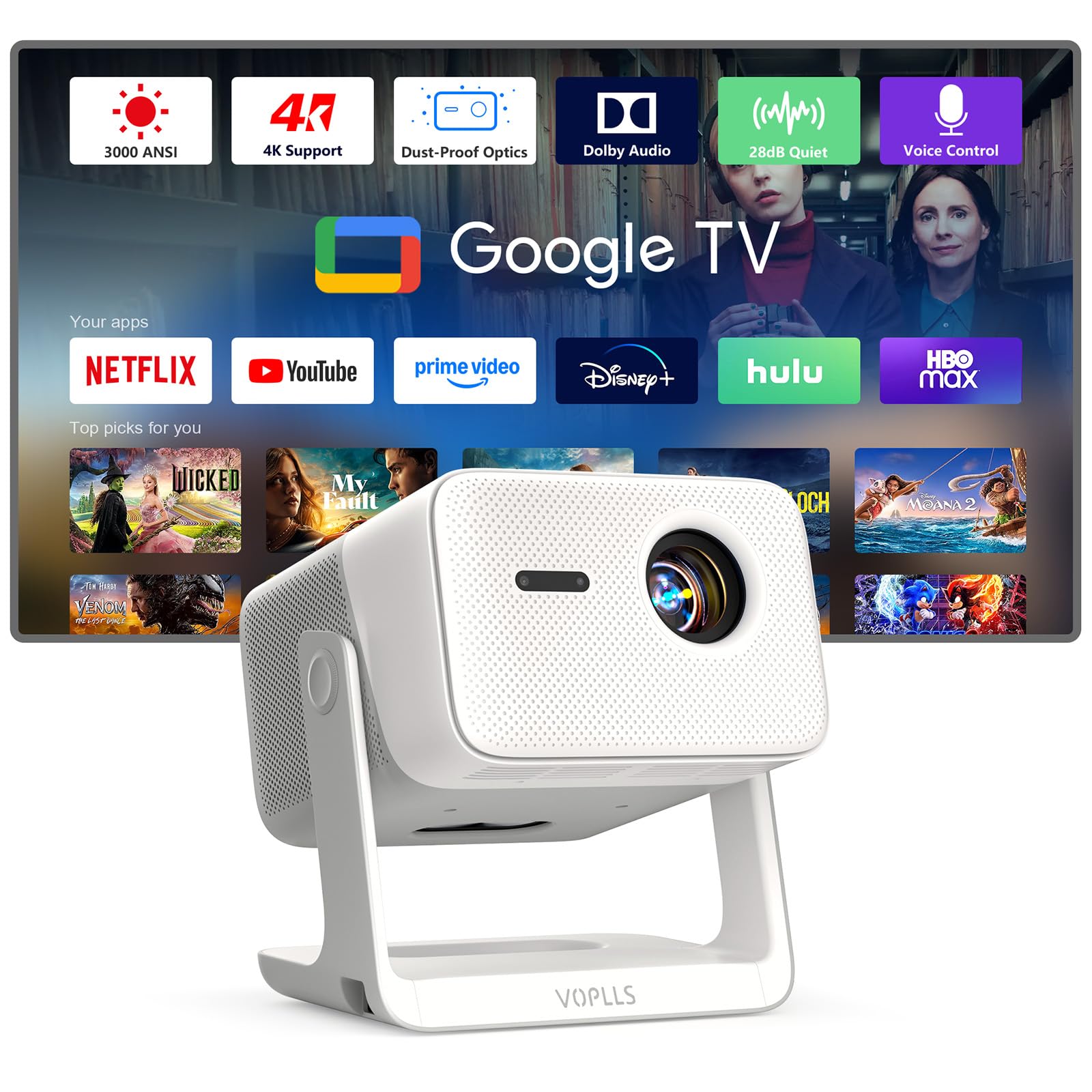 【3000 ANSI Official Licensed Google TV】4K Smart Projector with WiFi and ...