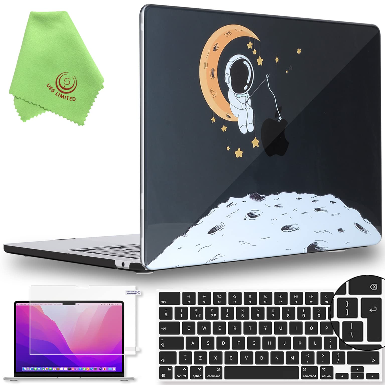 UESWILL Compatible with 2022-2026 MacBook Air 13 inch M5 M4 M3 M2 Case A3449 A3240 A3113 A2681, Hard Shell Case + UK Layout Keyboard Cover + Screen Protector Mac Air 13.6, Astronaut B