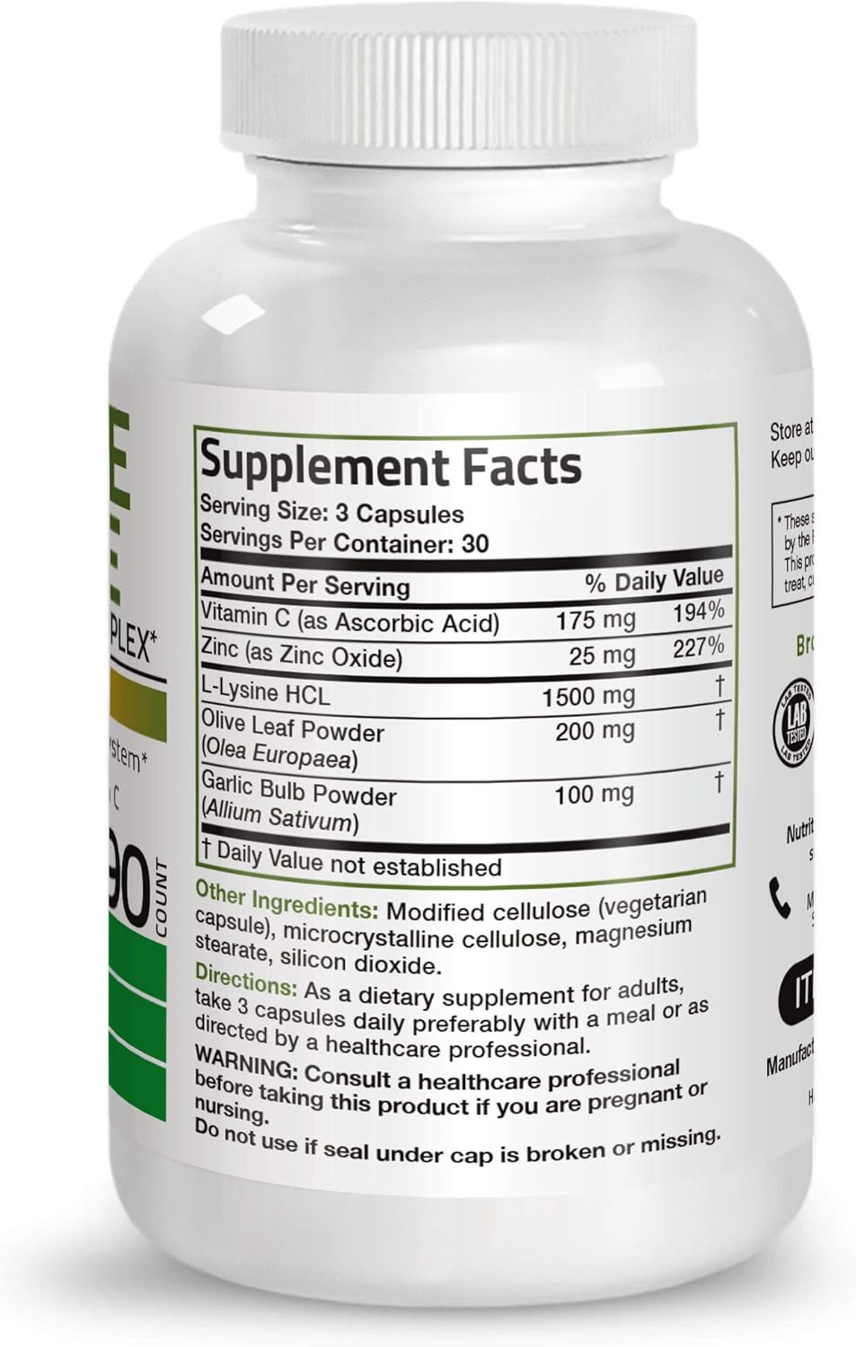 Bronson L-Lysine Defense Immune Support Complex 1500 MG L-Lysine Plus Olive Leaf, Garlic, Vitamin C and Zinc - Non-GMO, 90 Vegetarian Capsules: Health & Personal Care