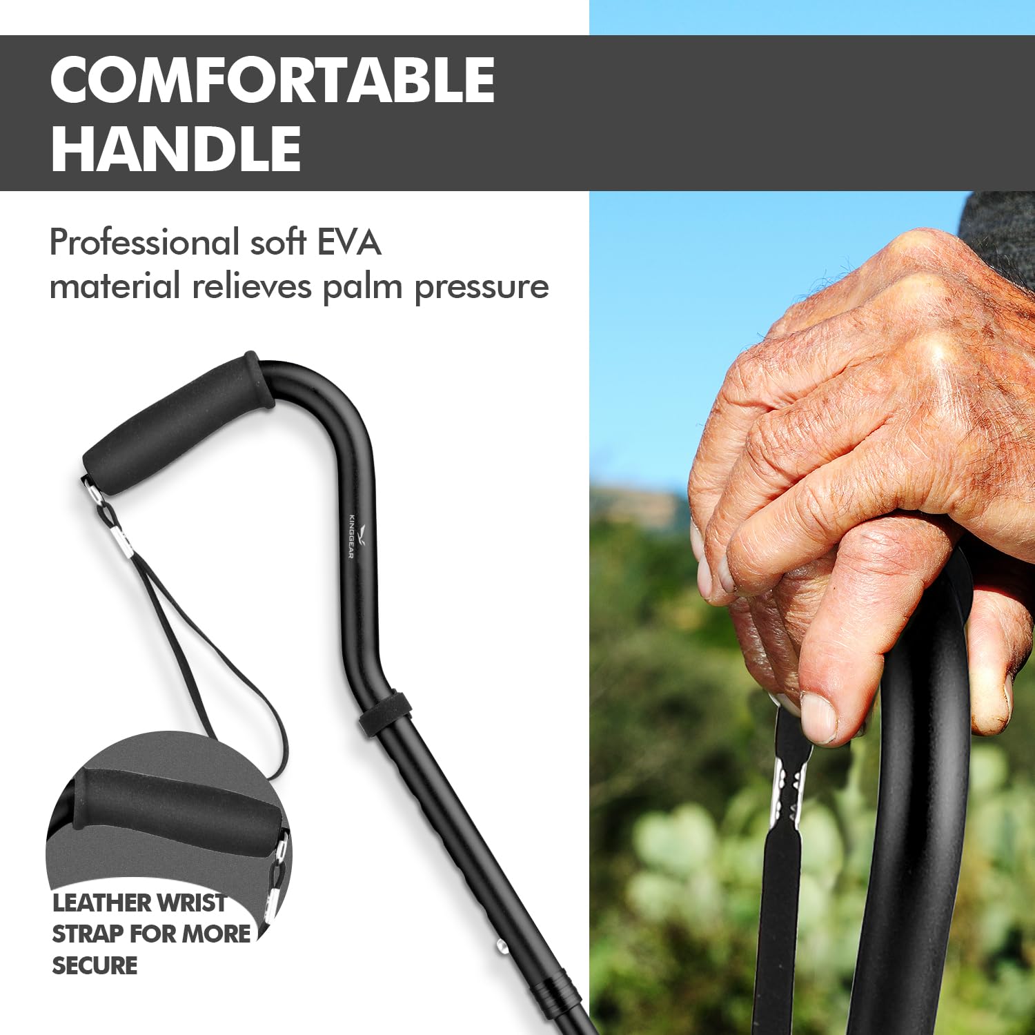 KINGGEAR F1 Walking Stick, Walking Cane for Women & Men, Self Standing Walkers for Seniors with Wrist Strap, Lightweight & Sturdy Offset EVA Handle and Large Quad Base