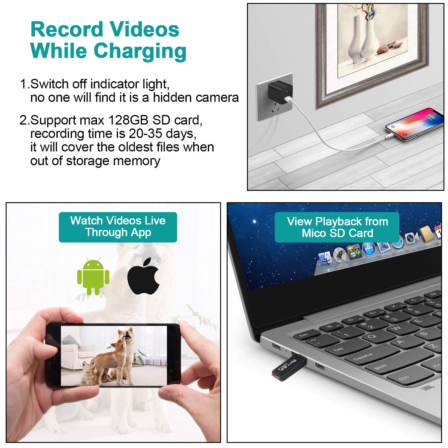 Spy Camera Wireless Hidden WiFi Camera with 32GB SD Card HD 1080P USB Charger Hidden Spy