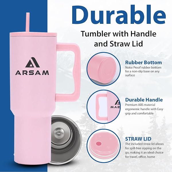 ARSAM TUMBLER WITH HANDLE AND STRAW | LEAK-PROOF, DOUBLE-WALLED, VACUUM-SEALED STAINLESS STEEL TRAVEL MUG | CUPHOLDER-FRIENDLY | INSULATED WATER BOTTLE | PINK 40 OZ