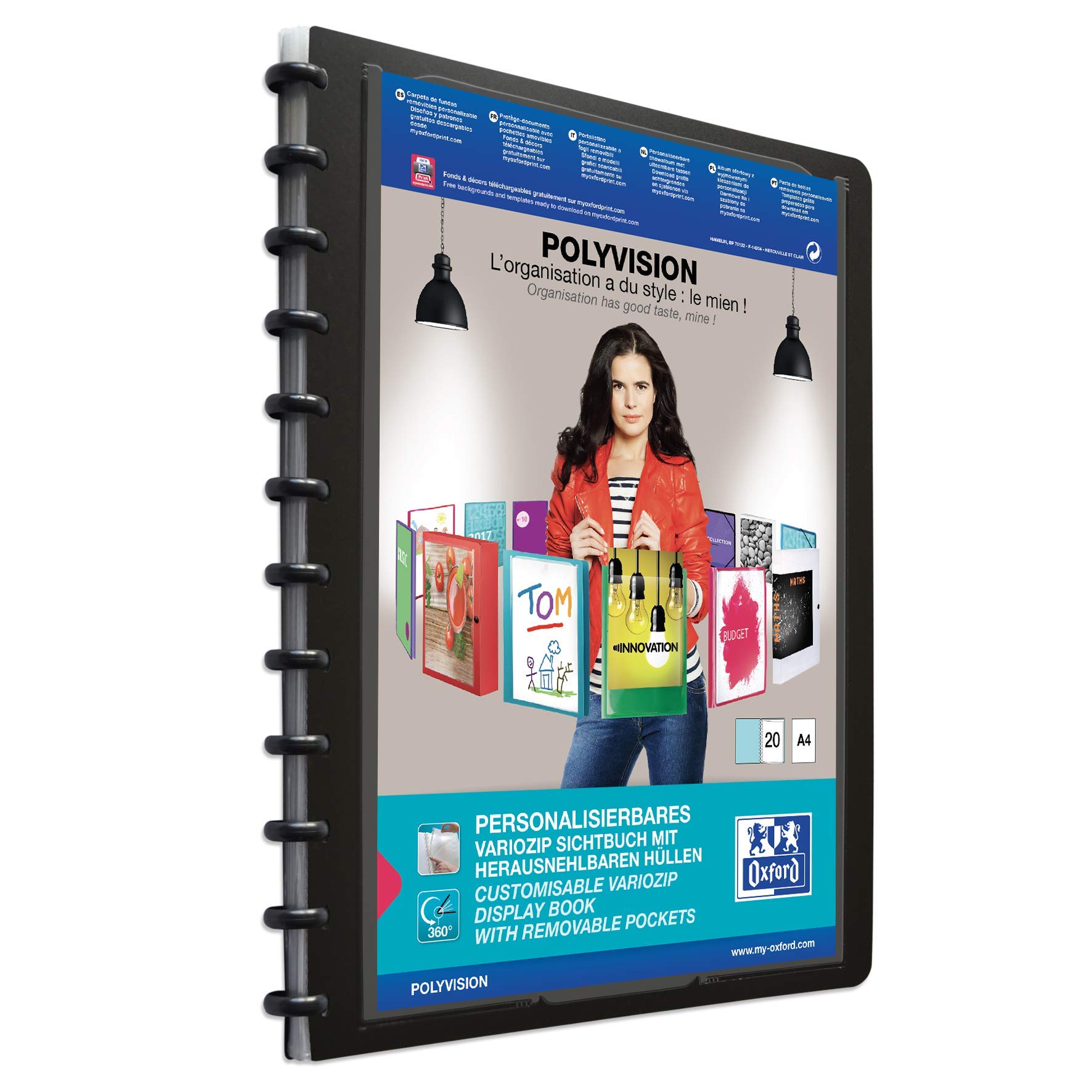 Oxford Polyvision Ring Binder A4 Presentation Book with 20 Pockets Vario Zip Interchangeable and Expandable Black Pack of 1