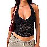 MakeMeChic Women's Lace Halter Top Deep V Backless Festival Going Out Tank Tops