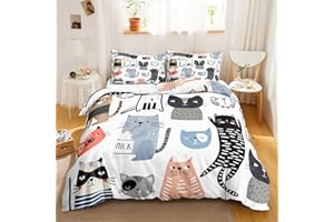CVHOUSE Cat Duvet Cover Set,Cat Bedding Set for Kids,Cartoon Cat Comforter Cover Set,Queen Size,1 Quilt Cover 2 Pillowcases 3 Piece