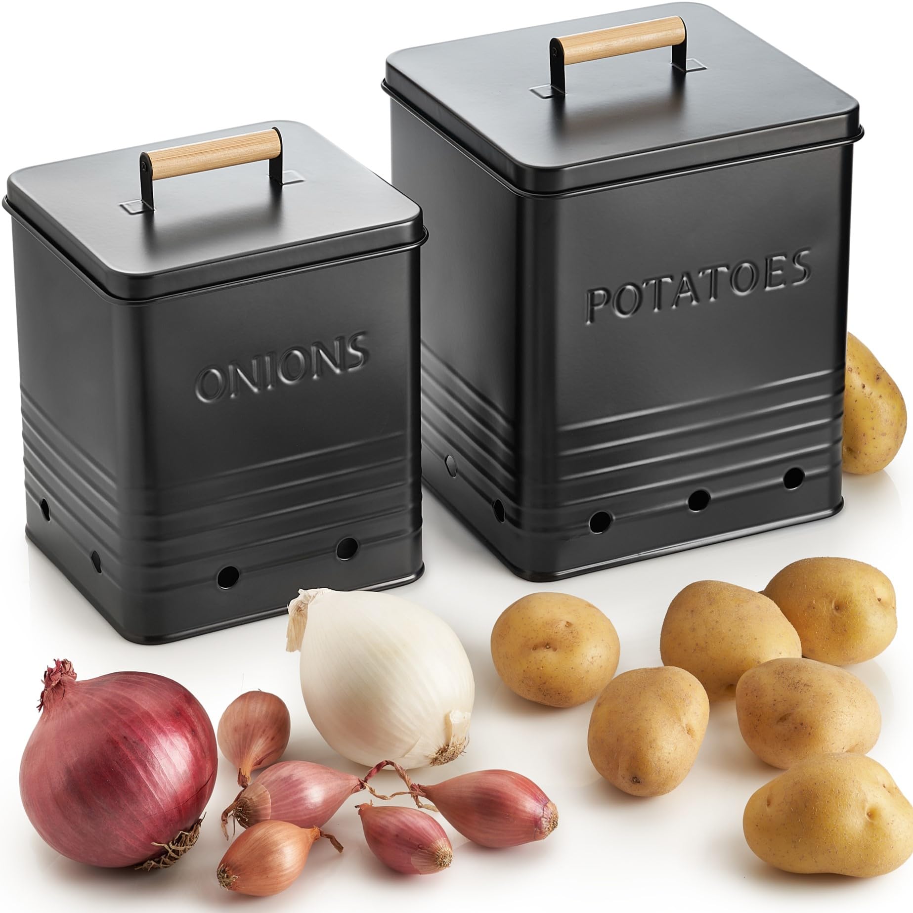 Photo 1 of Beautiful Potato and Onion Storage Container Set - Perfectly Sized Spacious Canisters For Your Kitchen Counter Or Pantry - Quality Food Safe Metal Bins Keep Your Produce/Vegetables Fresh Longer