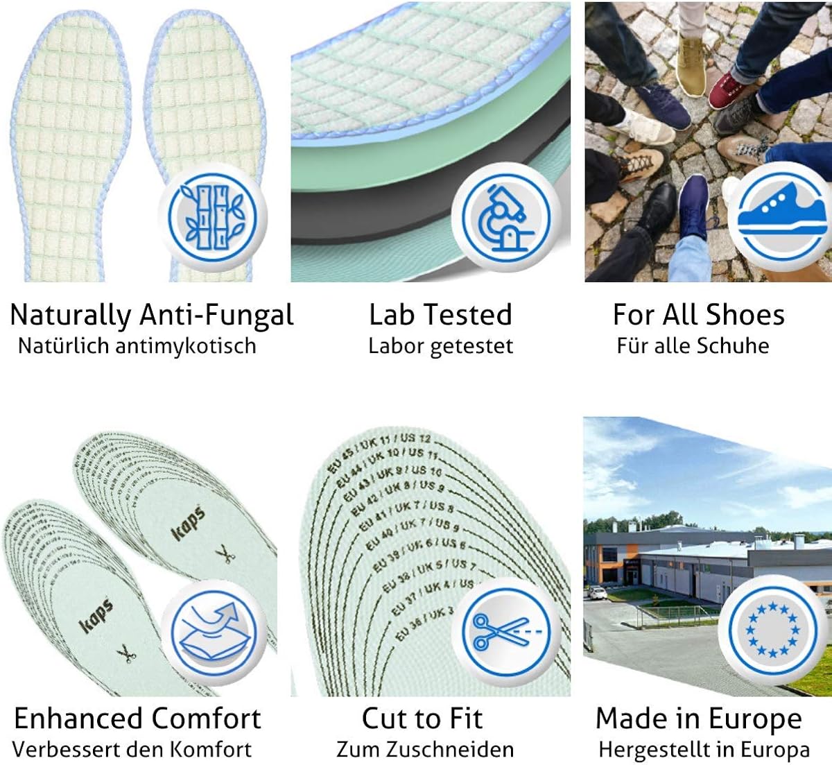 Kaps Antifungal Insoles with Bamboo, Alum and Charcoal, Shoe Insoles
