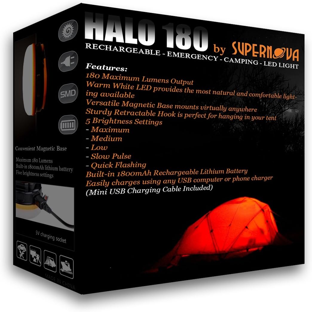 Supernova Halo 180 Extreme Rechargeable LED Camping and Emergency Lantern - The Brightest Most Versatile Tent Light Available - Backpacking - Hiking - Auto - Home - College - Scouting (Cadmium Orange) : Sports & Outdoors