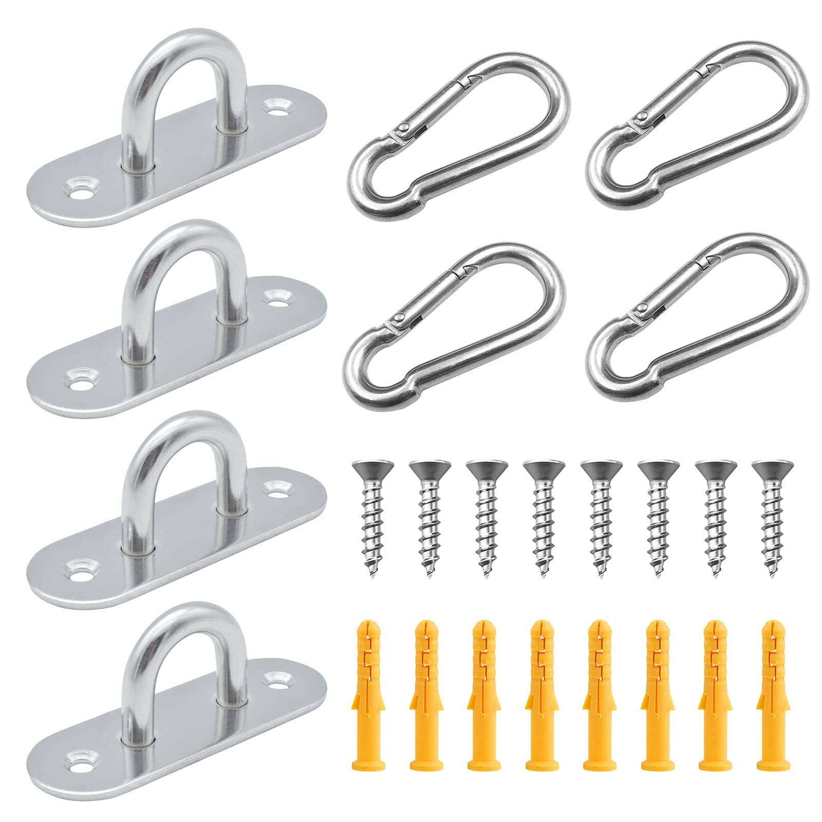 4 Pcs Stainless Steel Eye Pad Plates + 4 Pcs Carabiner Clips, M5 Pad Eye with 8 Screws and 8 Plastic Expansion Pipes, Metal Staple Ring Hook for Hanging Wall Ceiling Marine Hardware Accessories