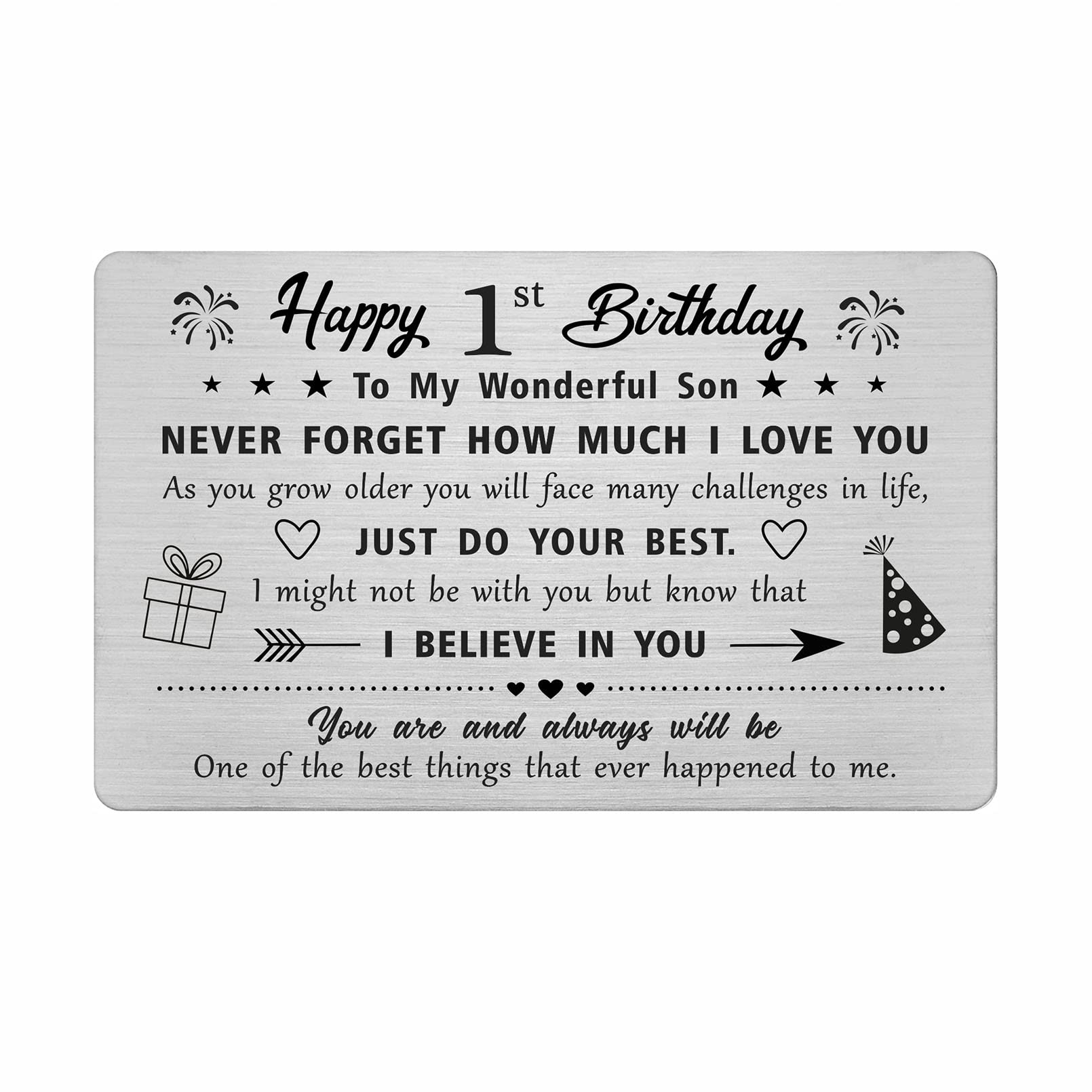 FALOGI Son 1st Birthday Card - Happy 1 Year Old Birthday Card for Son - Birthday Gifts for 1 Year Old Son, Metal Engraved Wallet Card
