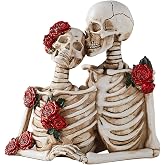 Halloween Skeleton Decor, Gothic Skeleton Couple Resin Statue with Roses | Gothic resin skeleton couple for Halloween displays, mantel decor, gothic wedding decor and dark romantic home accents.