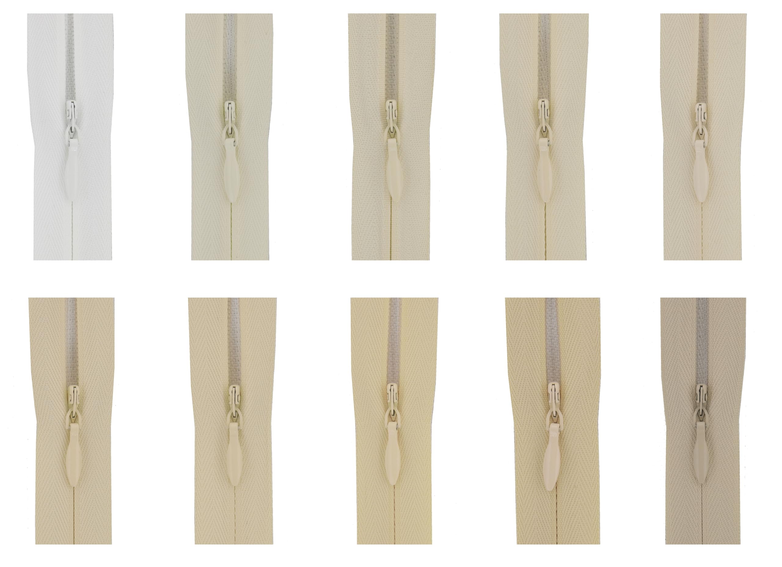 Invisible Zip Fasteners, Pack of 10, Suitable for Medium Weight Fabric (Neutral - White, 8 inch)