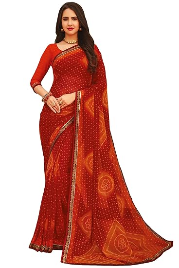 Womens Red Chiffon Printed Saree And Blouse Material_RKRU3309B