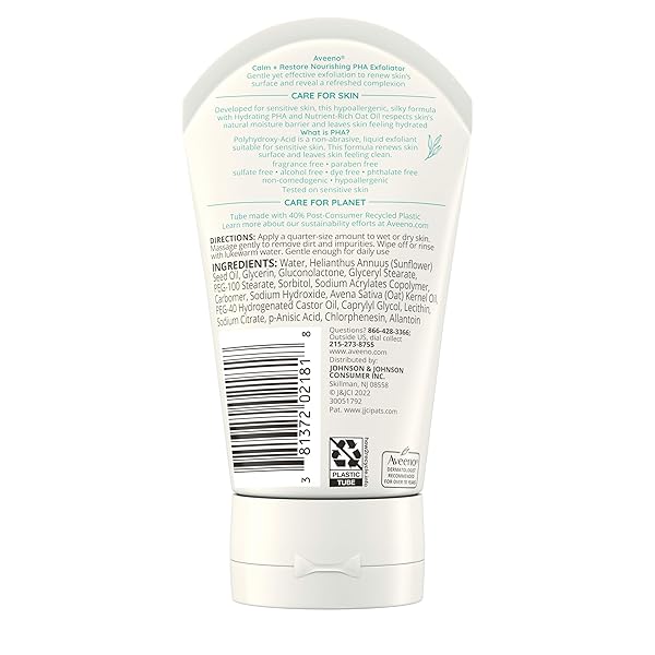 AVEENO CALM + RESTORE NOURISHING PHA FACIAL EXFOLIATOR DAILY FOR SENSITIVE SKIN, FRAGRANCE-FREE & NON-ABRASIVE OAT FORMULA TO GENTLY EXFOLIATE & CLEANSE SKIN, HYPOALLERGENIC, 4 FL. OZ