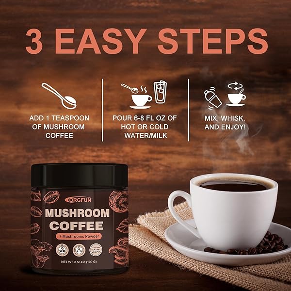 ORGFUN PREMIUM MUSHROOM COFFEE WITH 7 SUPERFOOD MUSHROOMS, GREAT TASTING ARABICA INSTANT COFFEE, INCLUDES CHAGA, LION’S MANE, REISHI, CORDYCEPS, MAITAKE, AND TURKEY TAIL, SHIITAKE 3.53 OZ