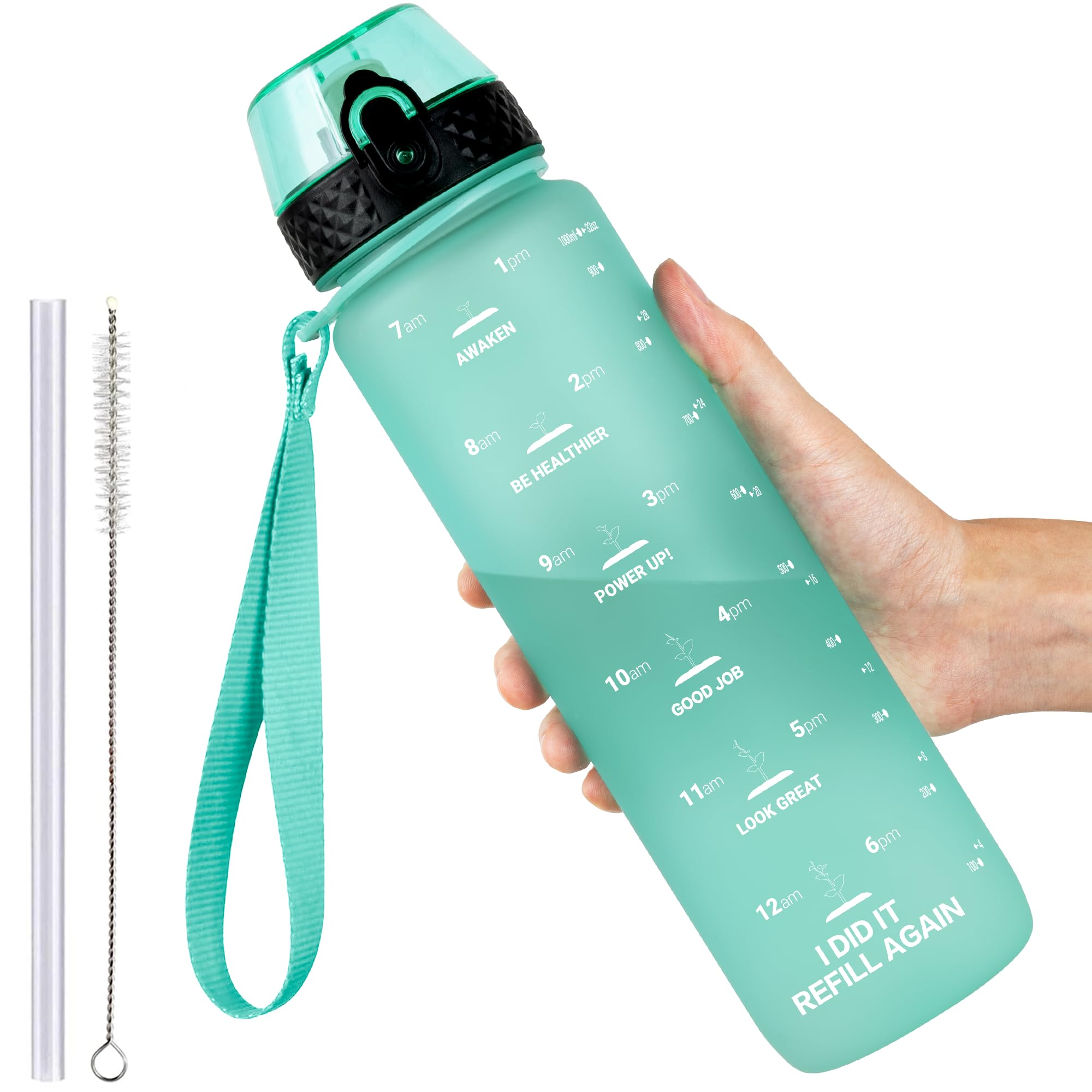 GOPPUS 1L/32oz Tritan Water Bottle with Straw-Soft Matte Finish Leakproof Drink Bottle with Measurements Bottles with Flip Top Motivational Bottles with Time Marks for Adults BPA Free (Green)