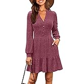 Kranda Women 2026 Spring Long Sleeve Button V Neck Casual Knit Ribbed Winter Sweater Short Mini Dresses with Pockets