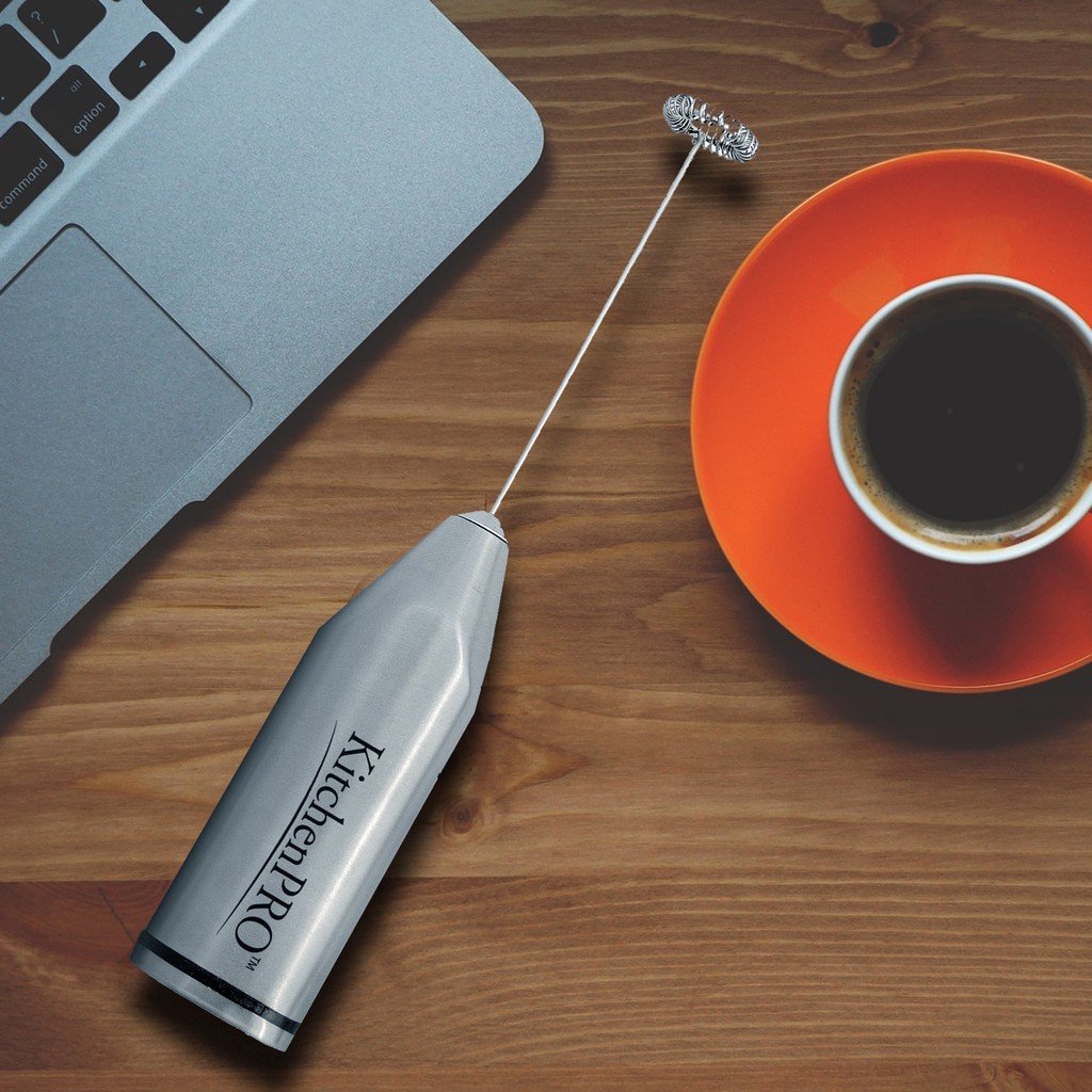 KitchenProP Super light handheld Milk/whisk frother with Stainless stand-Great Gift Idea for Cappuccino, Latte, Matcha Tea, Hot Chocolate, Butter coffee, Protein Shakes, Powder Drinks, Eggs (Grey)